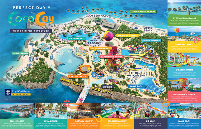 Un mapa aéreo de Perfect Day at CocoCay que destaca las atracciones principales.
