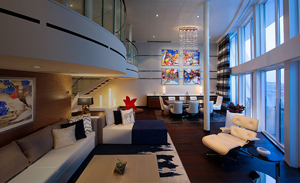 Living area of a Royal Suite on a Royal Caribbean cruise.