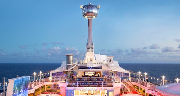North star, northstar, QN, Quantum of the seas, pool deck, evening, dusk, pink pool deck, arm extended, ship top deck