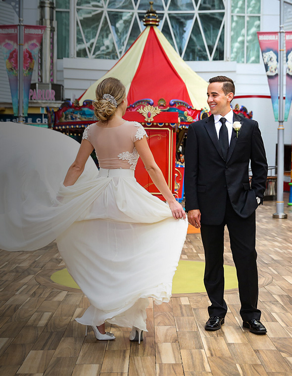 Bride and groom dancing during a romantic cruise wedding.