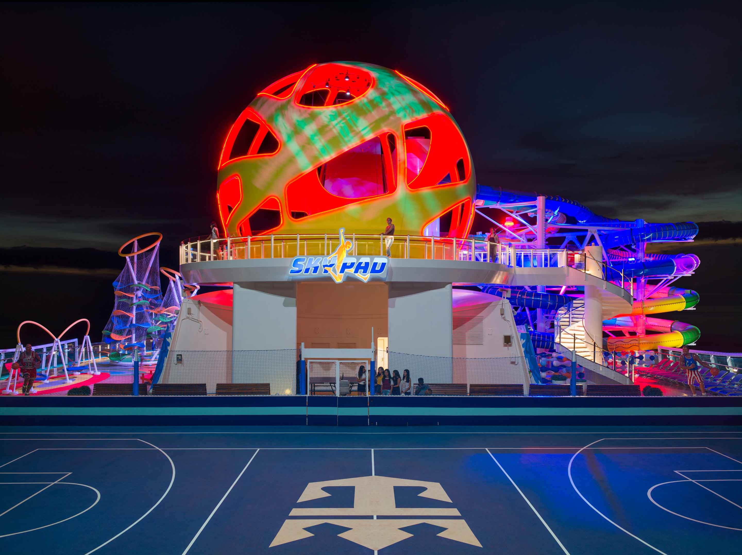View of Skypad, Court and Slides at night