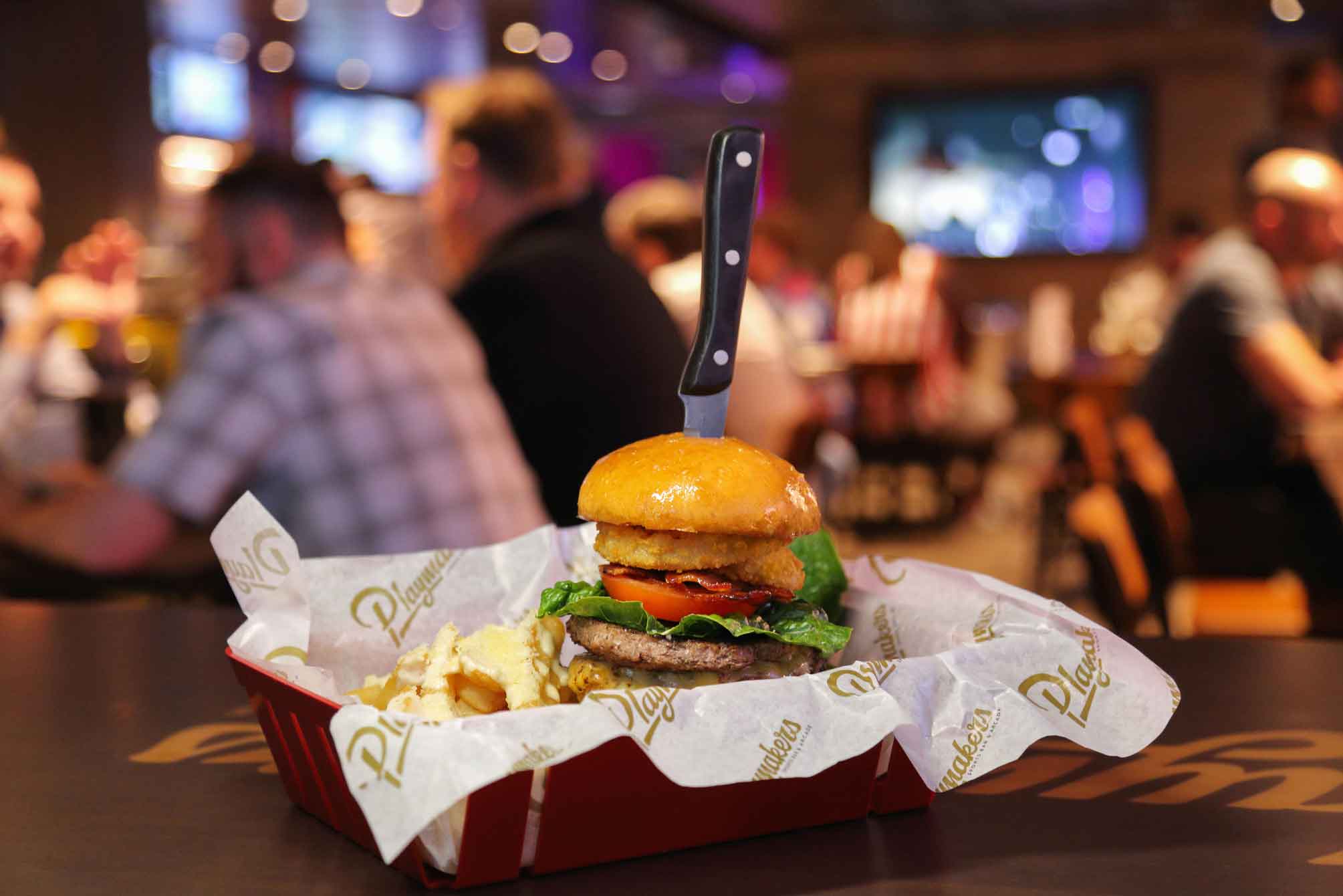 Delicious and Fresh Burger, Playmakers℠ Sports Bar Arcade.