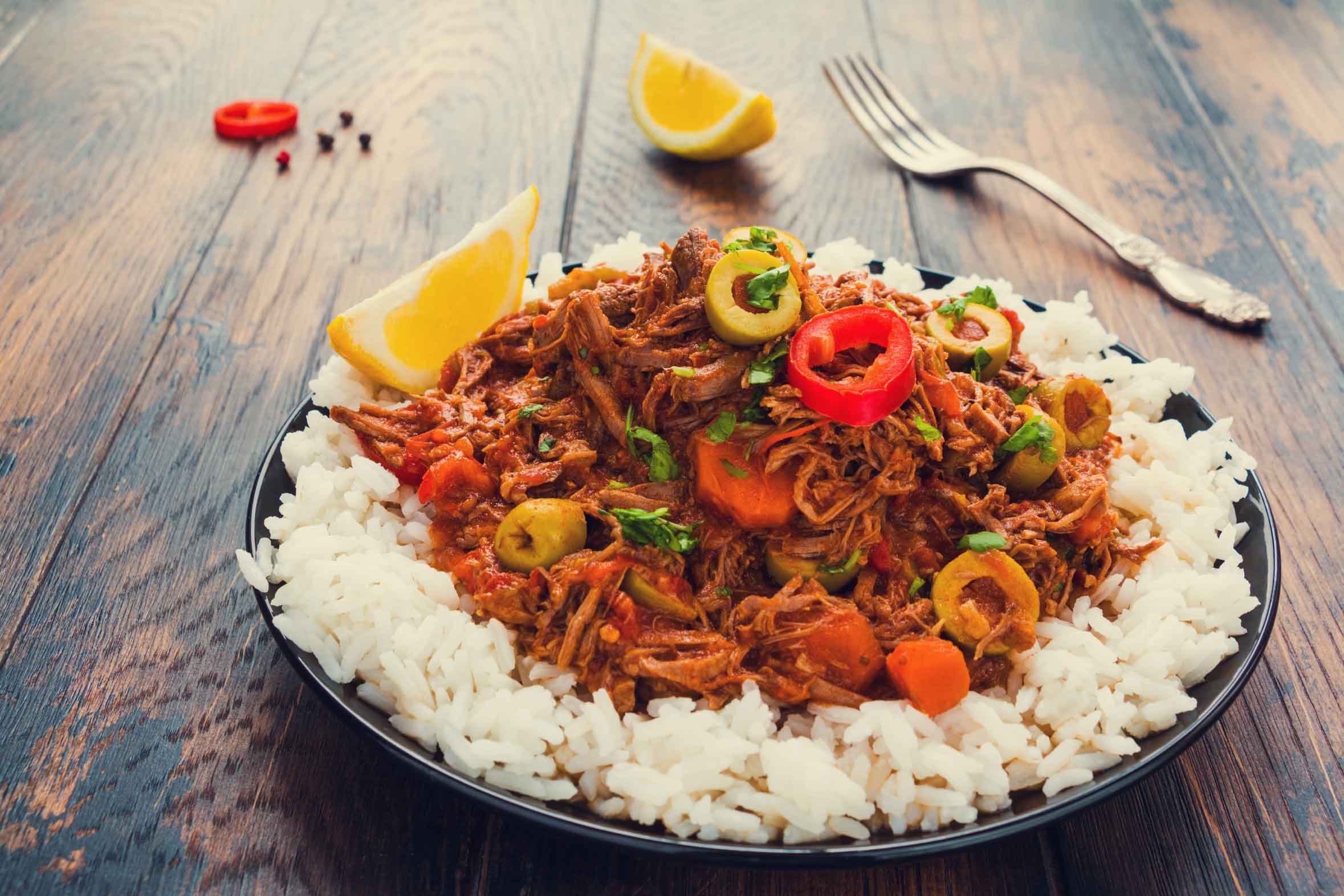 Plate of Ropa Vieja, traditional Cuban food in Miami