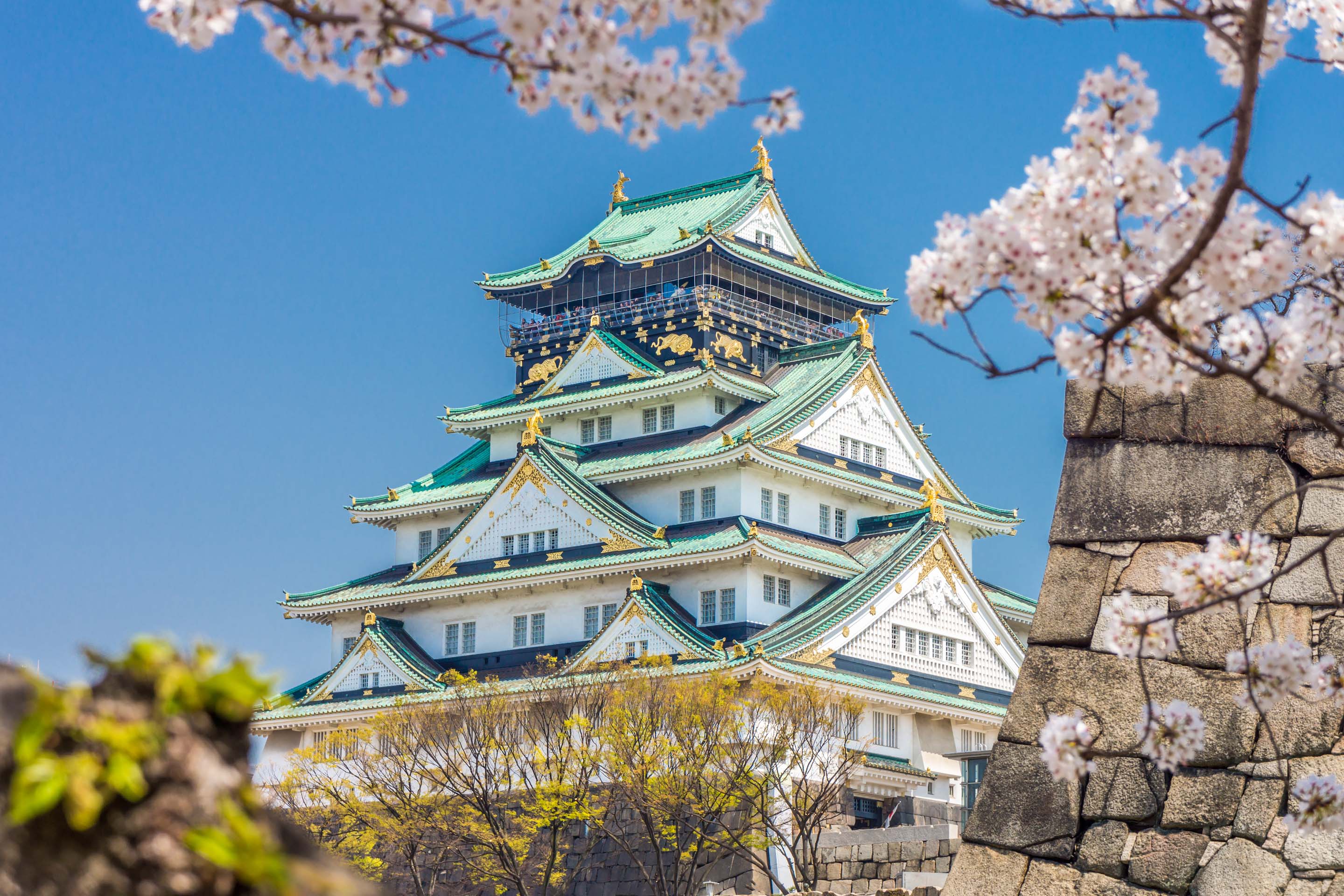 Close-Up of Osaka Castle Behind a Rock Wall