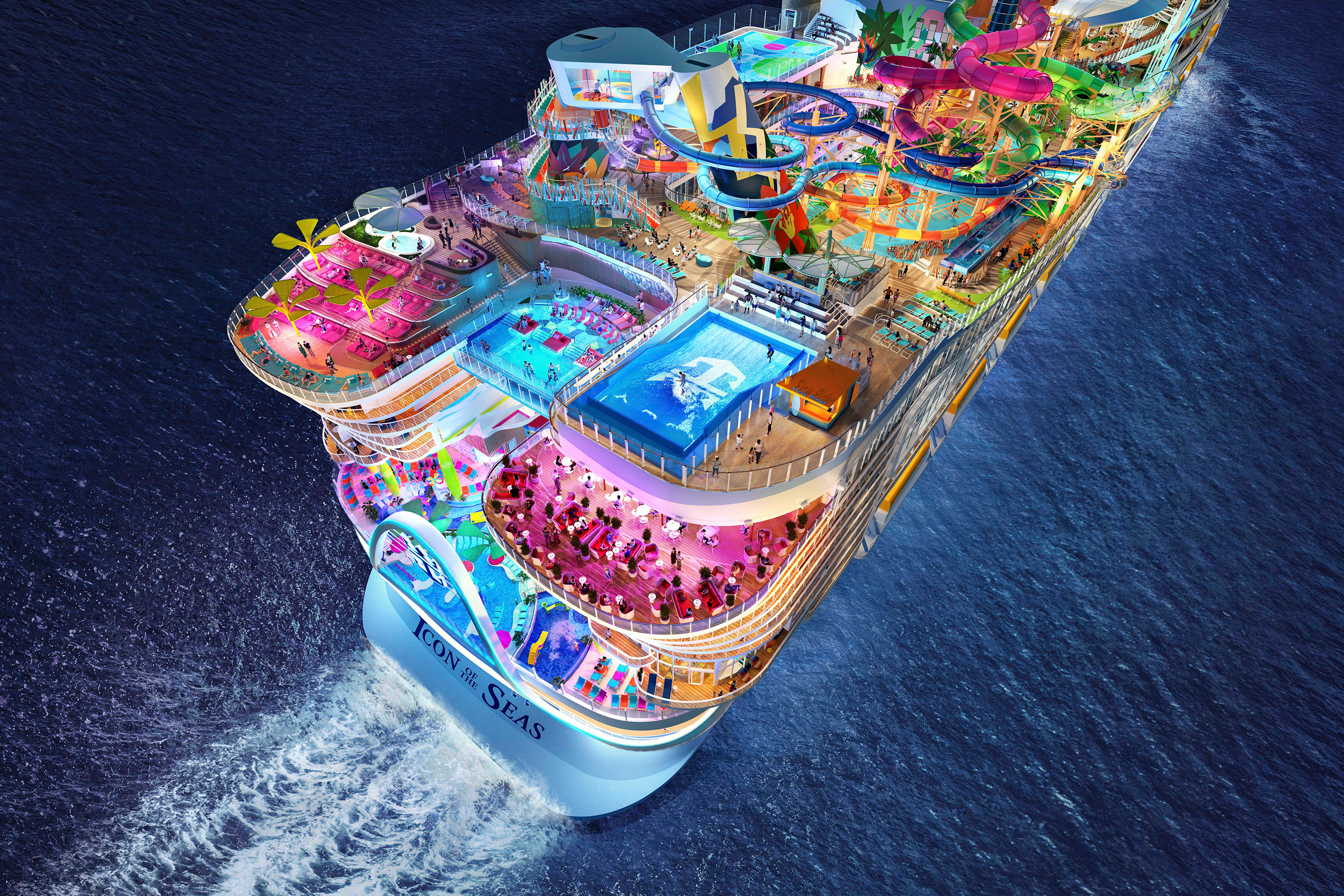 Icon of the Seas Aerial Aft Night Render