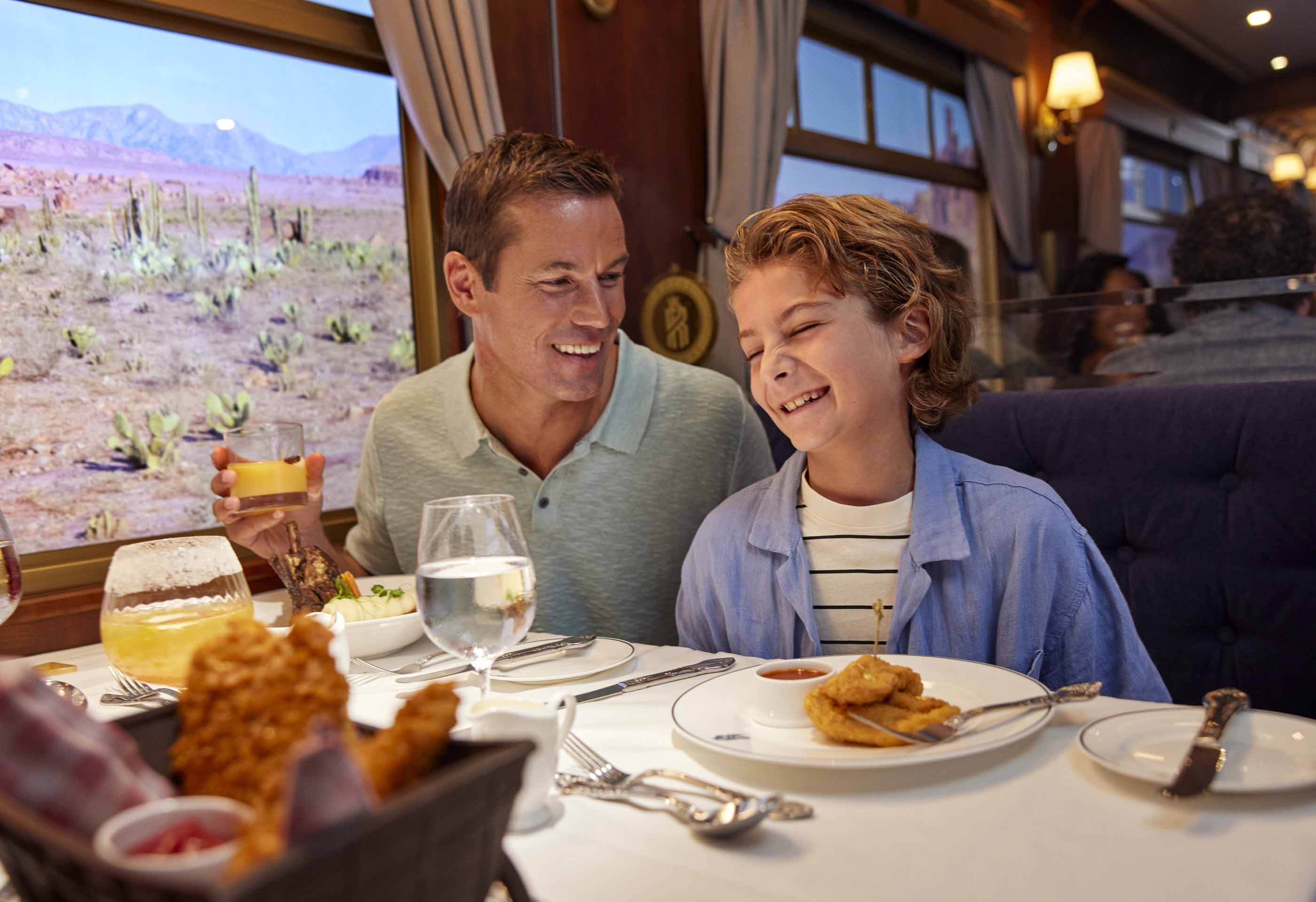 Passengers enjoying a meal on a train