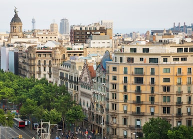 aerial view of passeig de gracia major avenues in barcelona in summer day spain