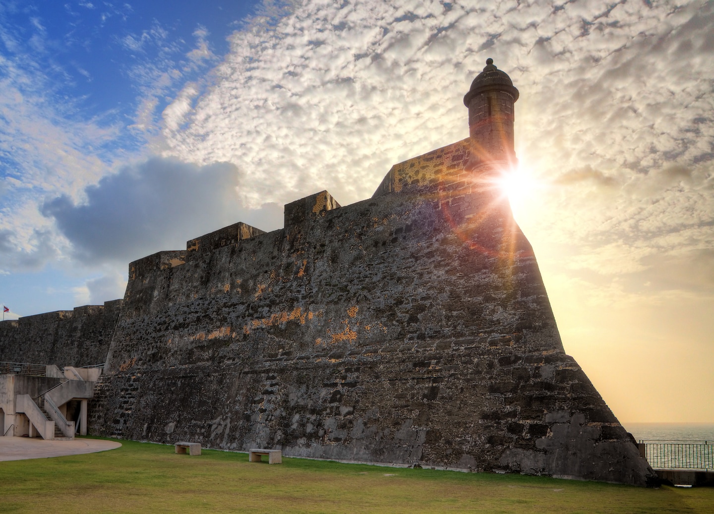 Fort San Cristóbal’s outer stone walls and sentry box overlook the coastline in Old San Juan. - San Juan, Puerto Rico
