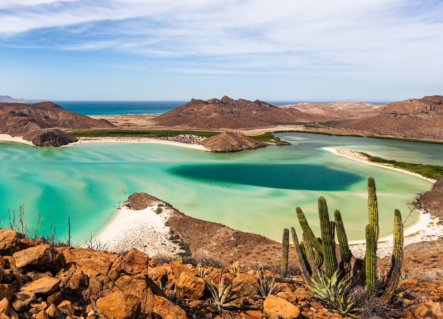 Balandra Beach with turquoise water, rocky cliffs, and sweeping desert coastline. - La Paz, Mexico