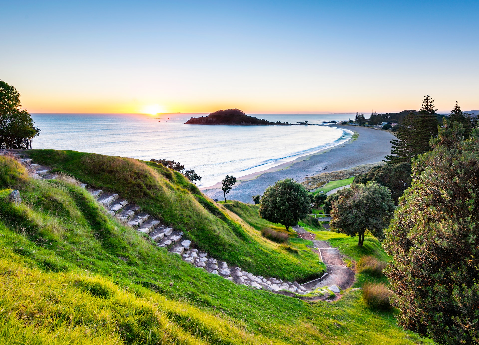 sunrise at summit hiking track on mount maunganui new zealand