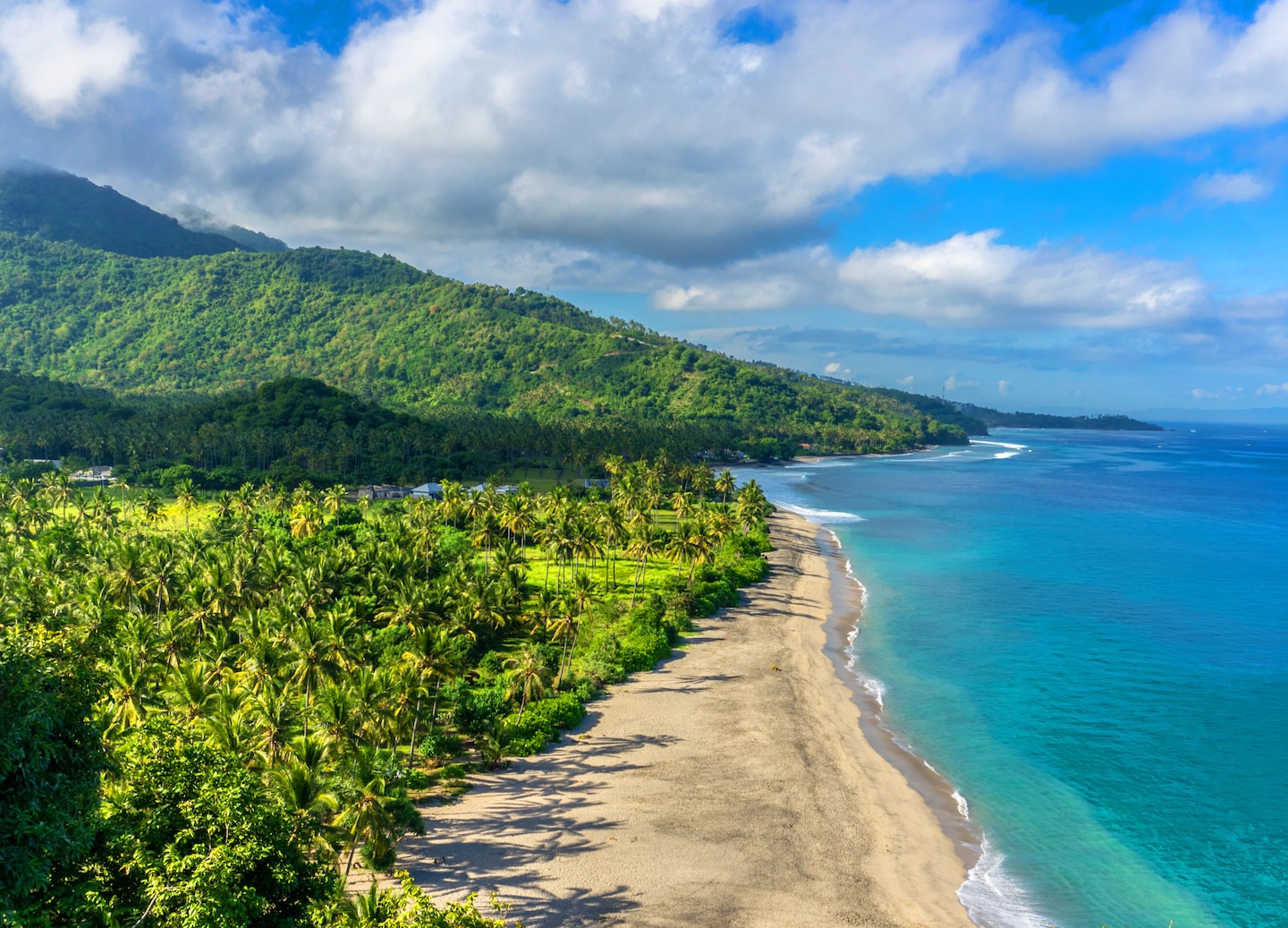 Senggigi beach with gentle waves, palm trees, and golden sunset light.