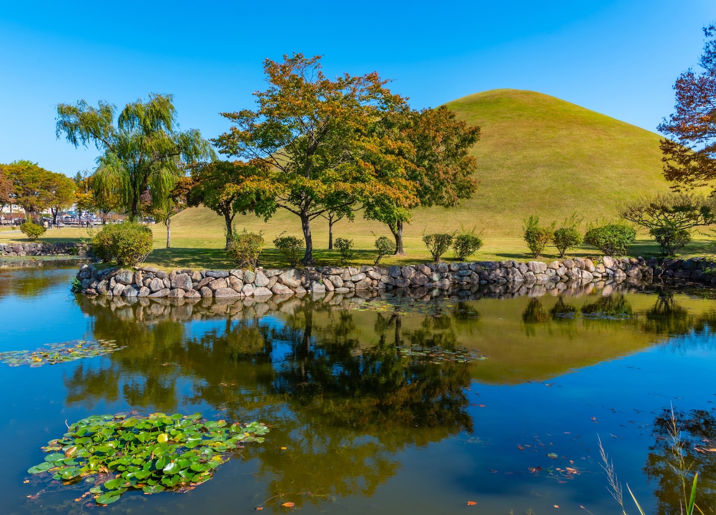 Grass‑covered royal tomb mounds rise across Gyeongju’s Tumuli Park under a bright, open sky. - Busan, South Korea