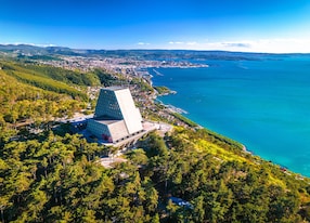 the temple of monte grisa on karst plateau mountain above trieste aerial view friuli venezia