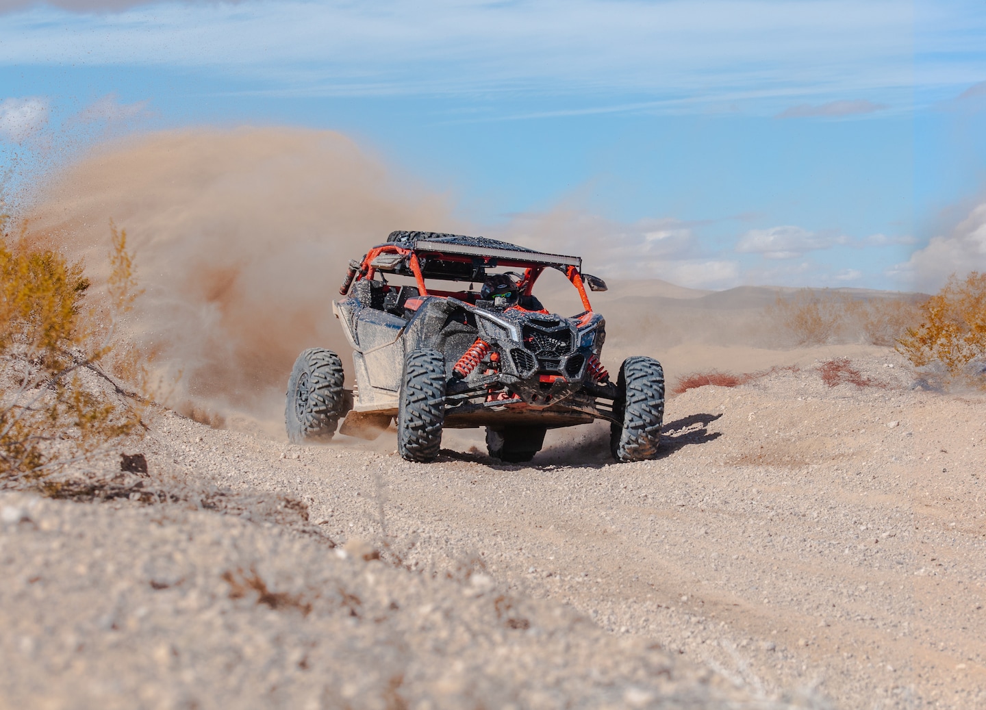 An ATV kicks up dust as it speeds across rugged terrain. - Cabo Rojo, Dominican Republic