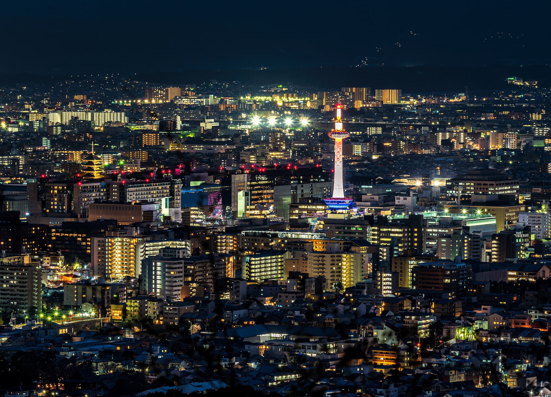 aerial view night kyoto tower kyoto japan asia