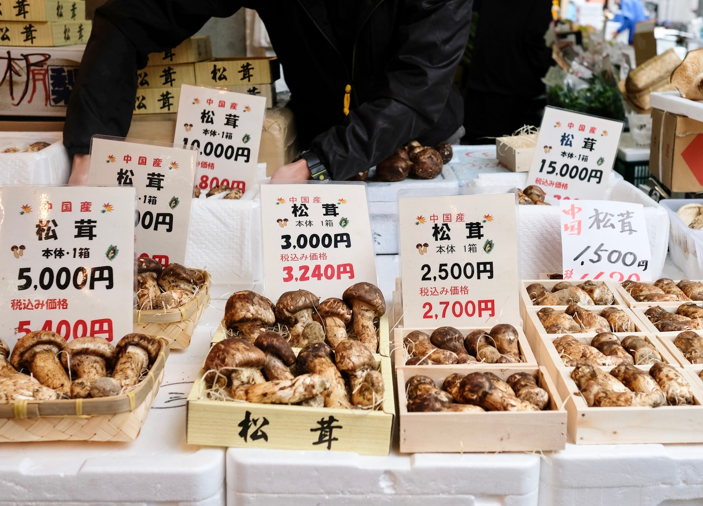 Food markets sell fresh mushrooms and other local products. - Niigata, Japan
