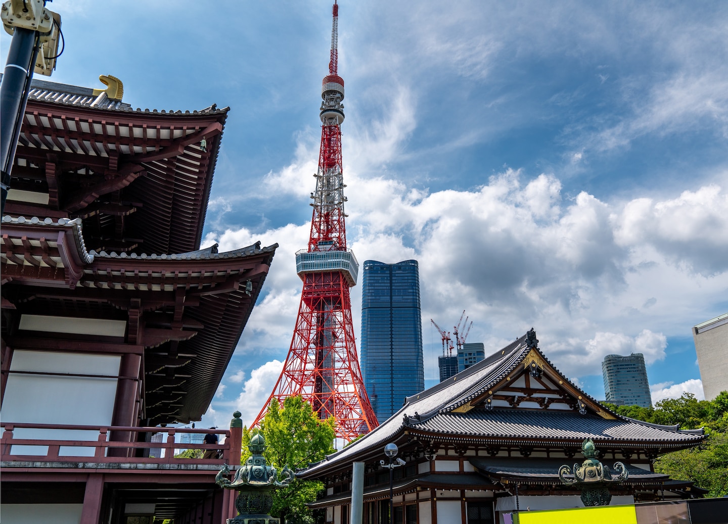 Zojo‑ji Temple stands before Tokyo Tower, contrasting historic architecture with the modern skyline. - Tokyo, Japan
