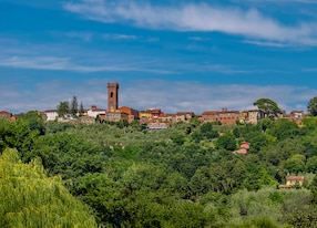 panoramic view ancient tuscan village montecarlo di lucca tuscany italy europe