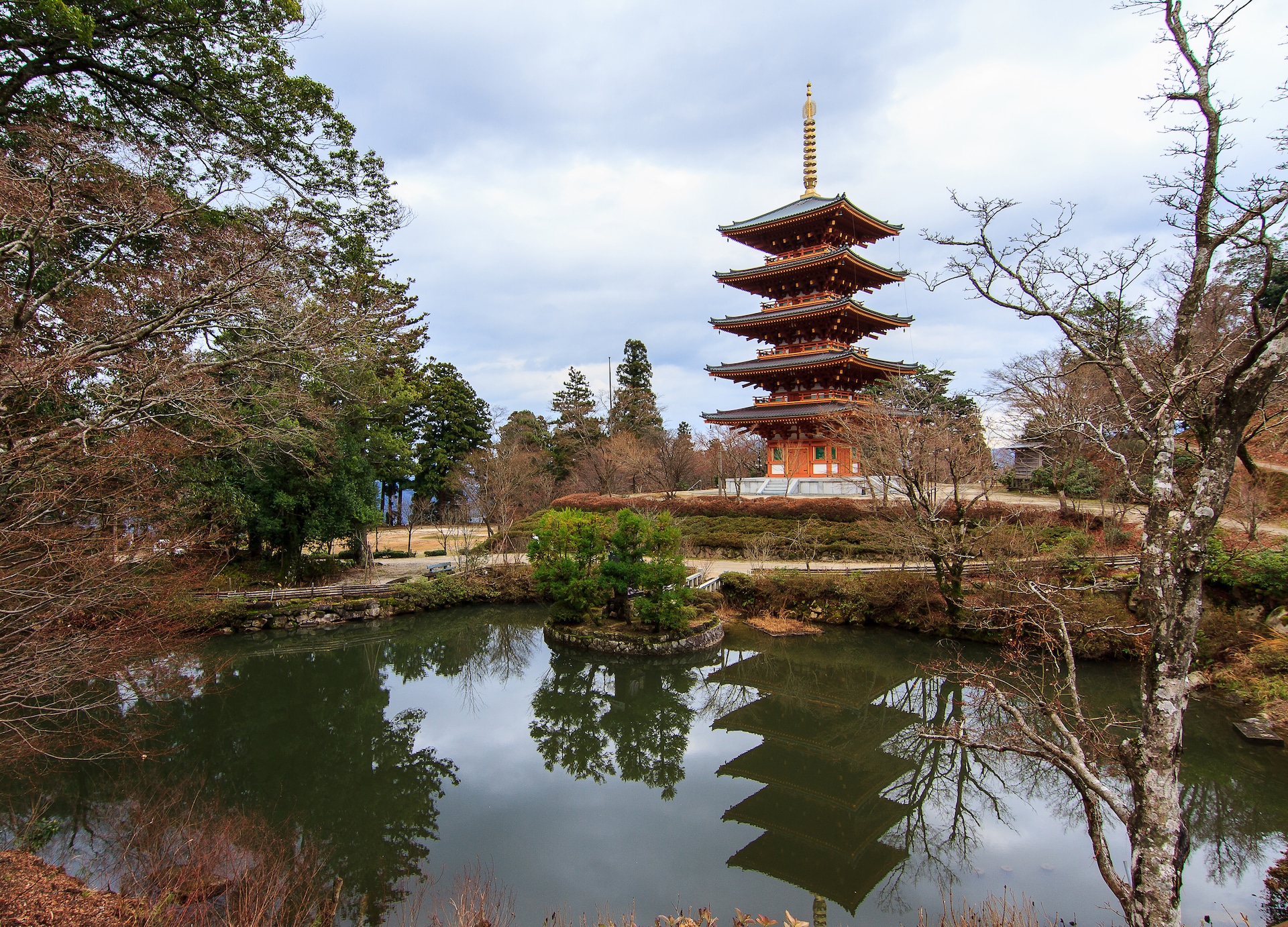 pagoda nariaiji temple reflection pond miyazu japan asia