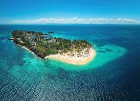 aerial view exotic beach palm trees on bacardi island cayo levatando samana dominican republic caribbean