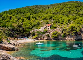 small picturesque bay fisherboats on bisevo island split croatia europe