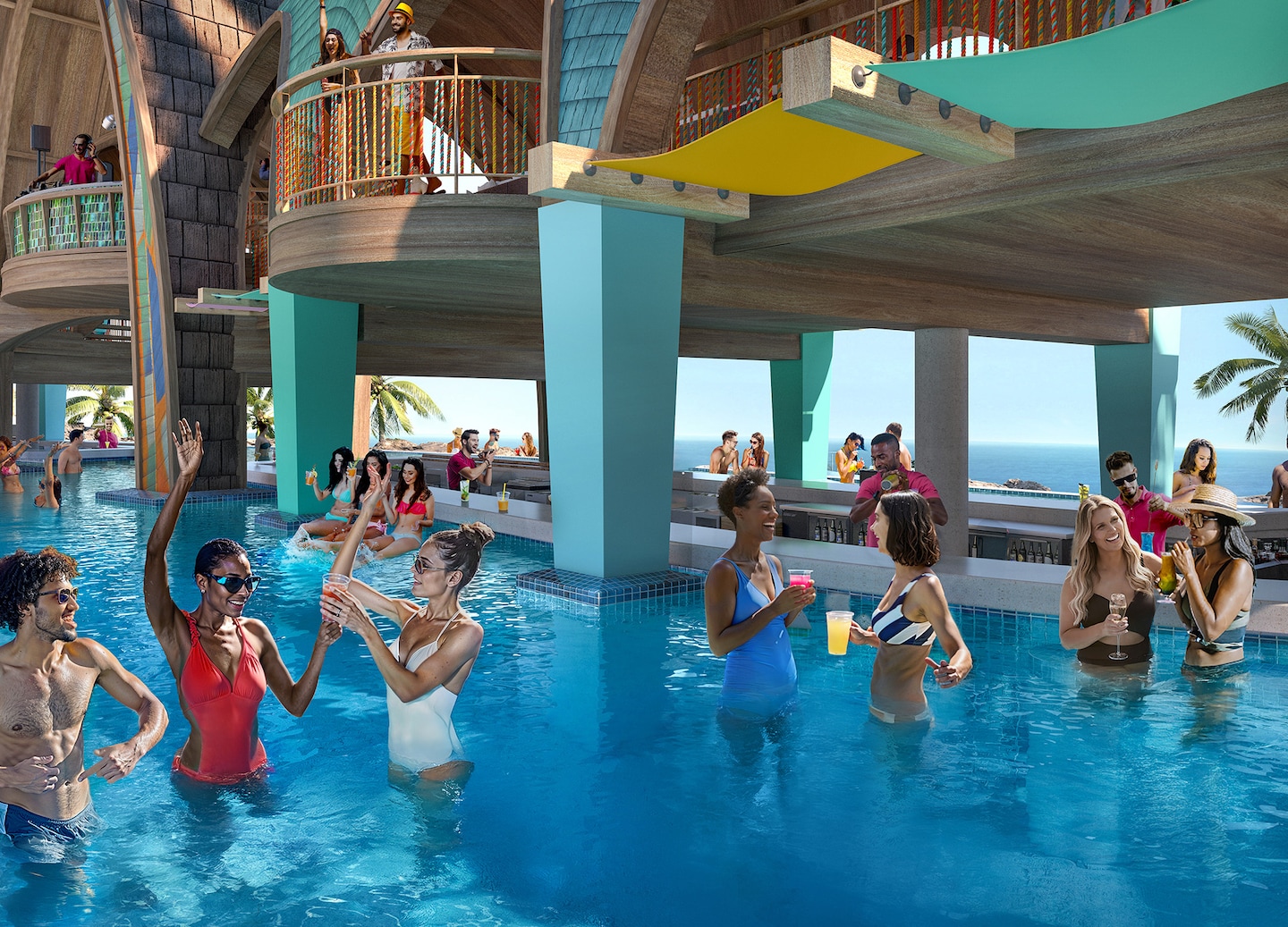 Guests unwinding with cocktails at Party Cove pool, Royal Beach Club, Paradise Island