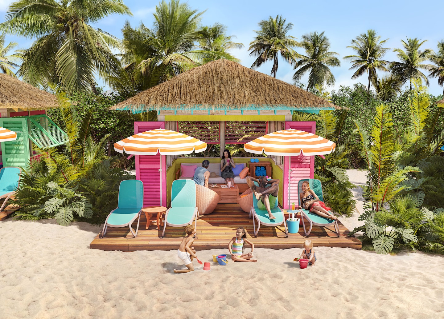 Exterior of beachfront cabanas at Royal Beach Club, Paradise Island, Nassau