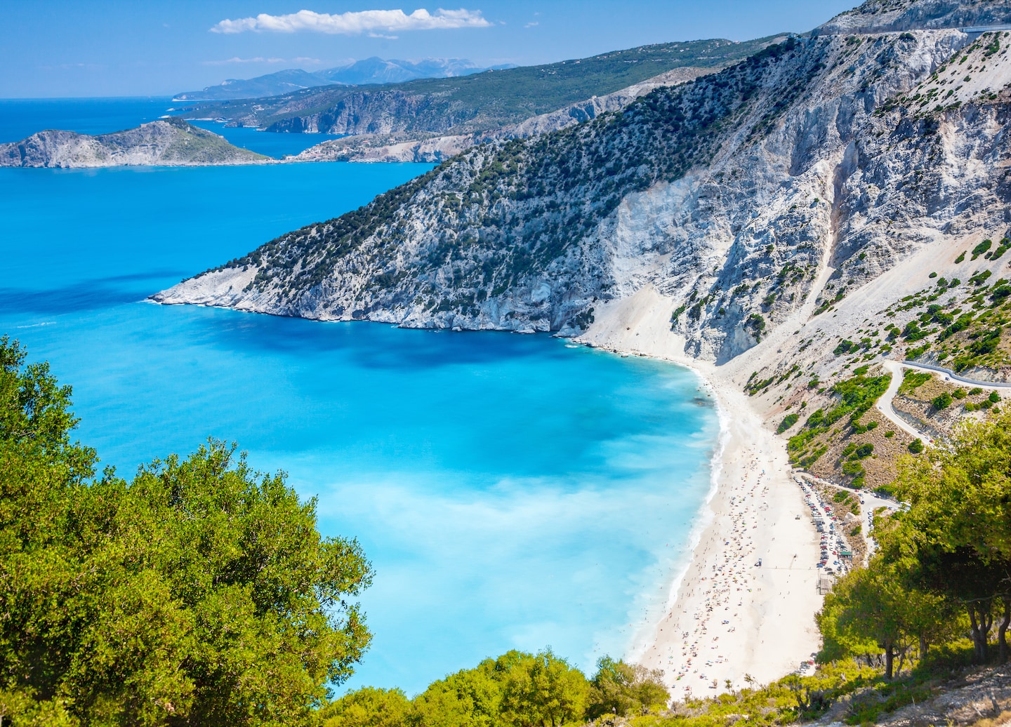 Aerial view of Myrtos Beach’s white cliffs and turquoise waters. - Cephalonia, Greece