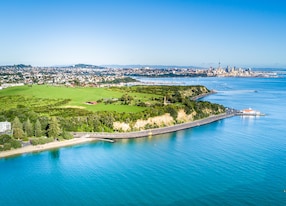 aerial view on auckland city center over waitemata harbour new zealand