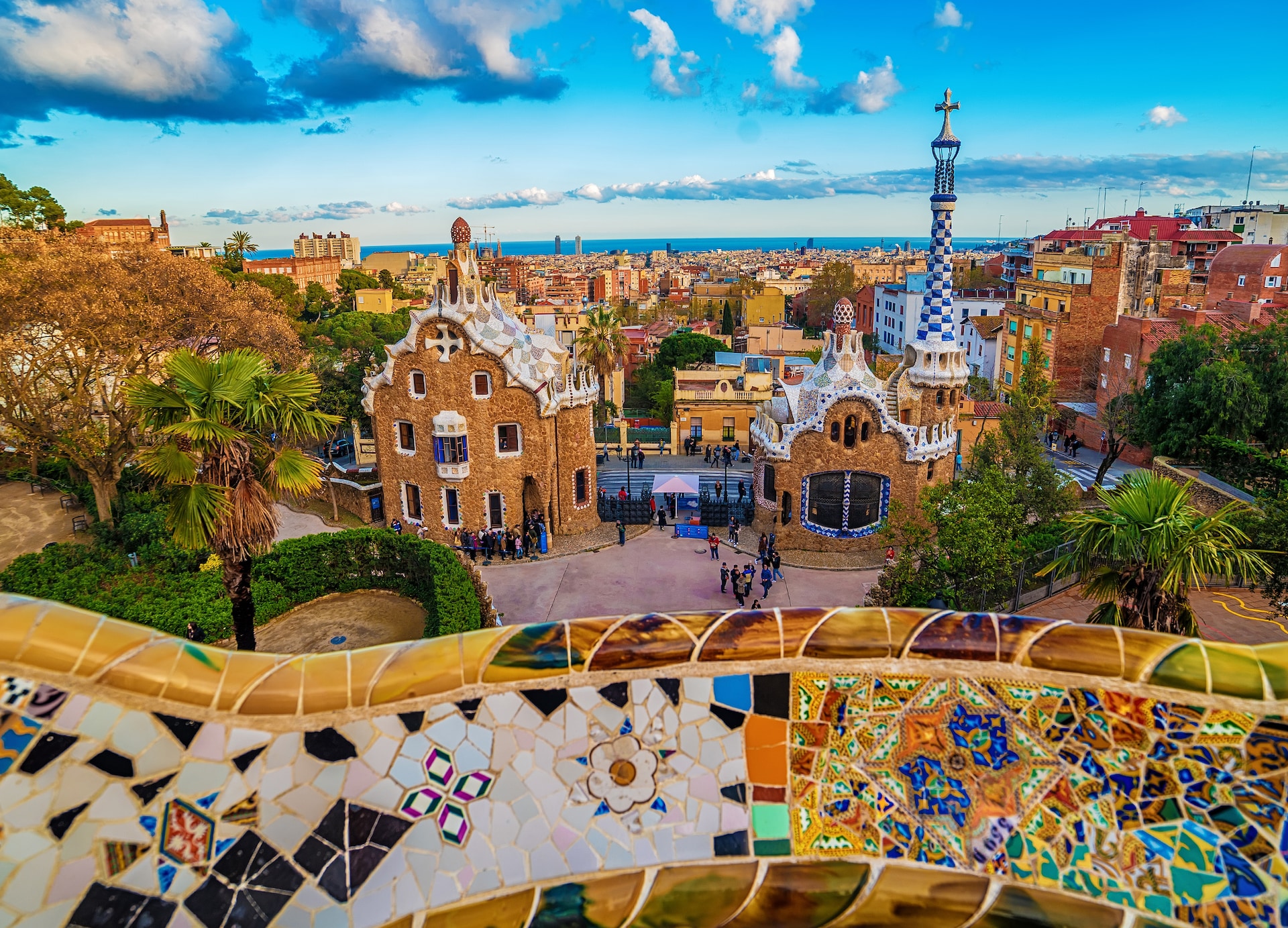 barcelona catalonia spain the park guell of antoni gaudi at sunset the two buildings at the