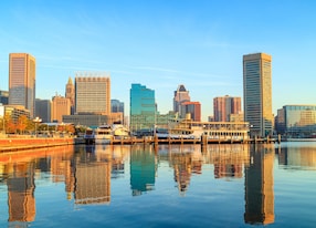 view of inner harbor area in downtown baltimore maryland usa