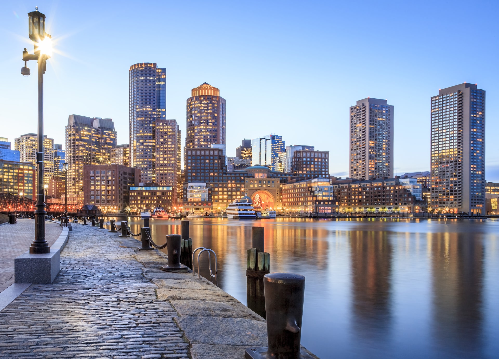panoramic view of the boston harbor in boston massachusetts usa at night