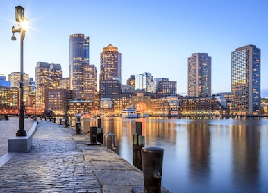 panoramic view of the boston harbor in boston massachusetts usa at night
