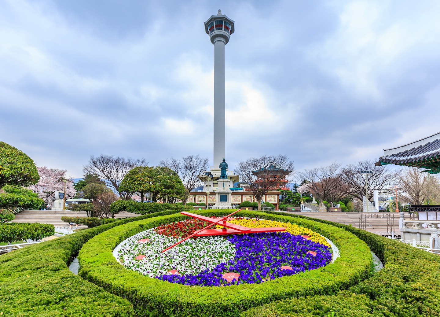 Colorful lanterns and bright structures fill Yongdusan Park, creating a lively scene in central Busan. - Busan, South Korea