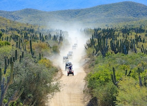 4x4 polaris desert utv with lunch and tequila far away shot group lined up desert offroad