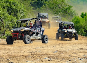 4x4 polaris desert utv with lunch and tequila group of four desert offroad bushes