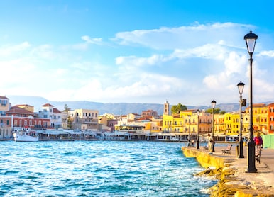 view of the old port of chania crete greece