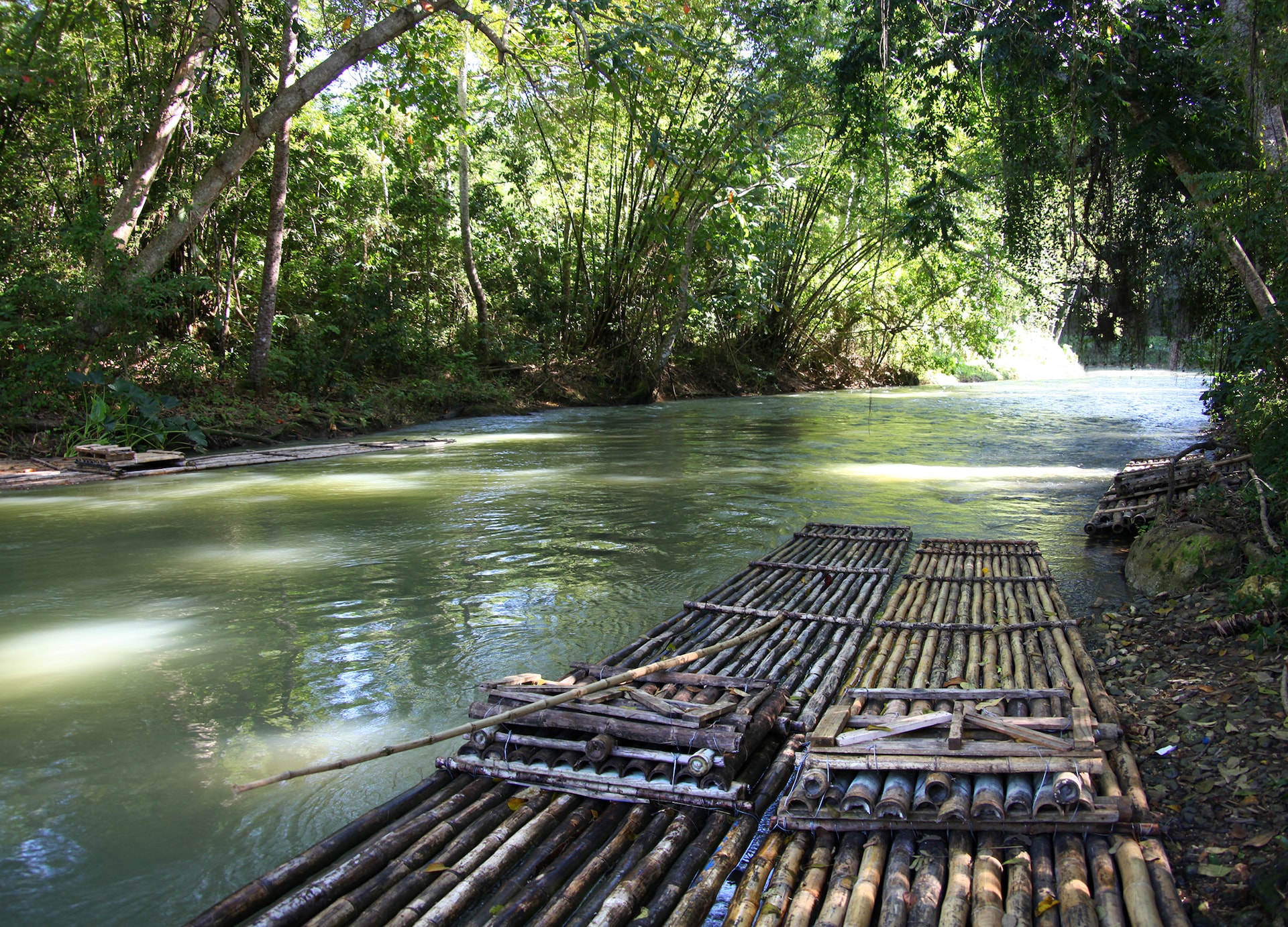 bamboo rafts prepared ready for a popular tourist day trip on the martha brae river falmouth