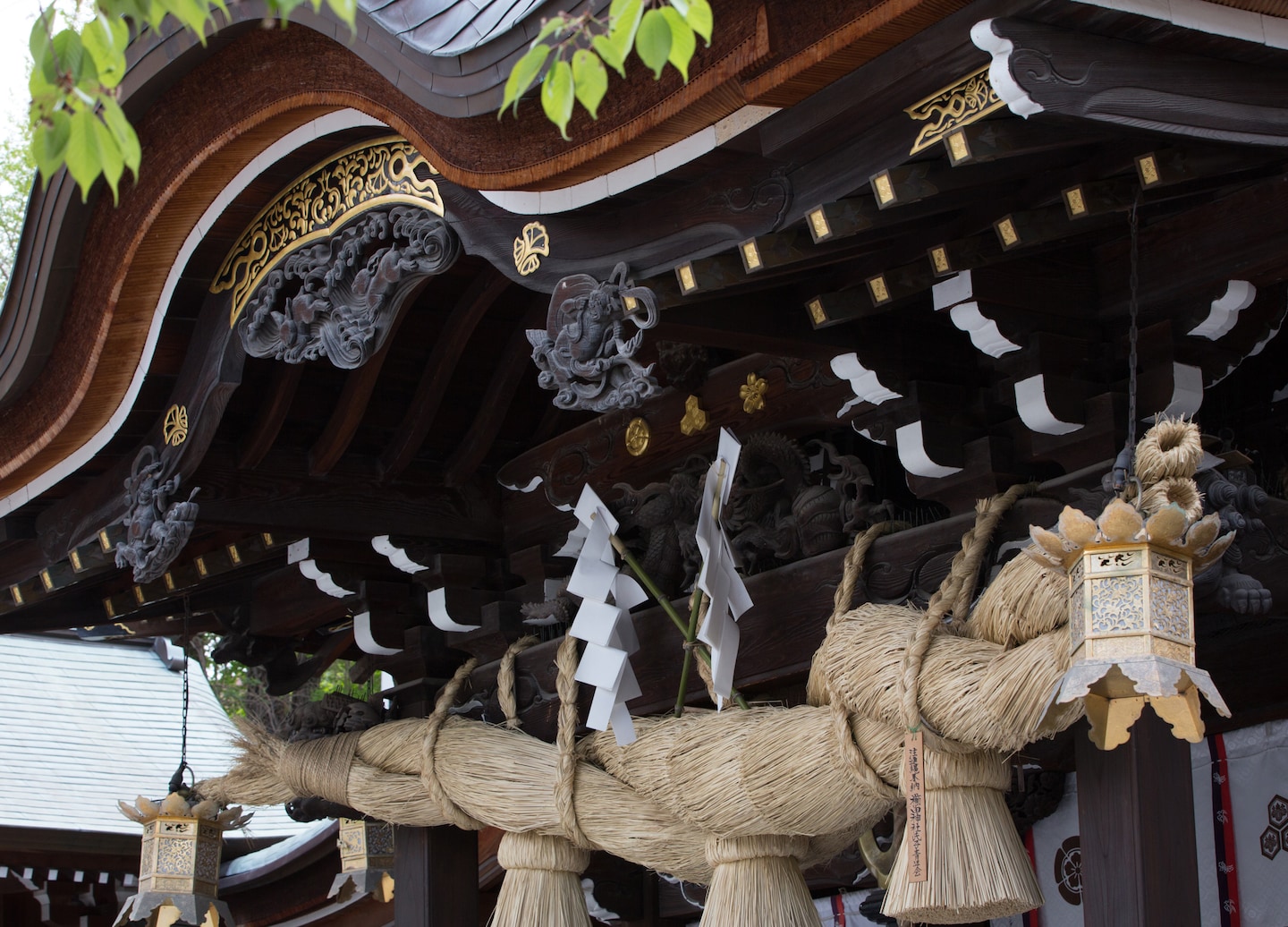 A glowing lantern hangs at Kushida Shrine, illuminating carved wooden beams and traditional temple details. - Fukuoka, Japan
