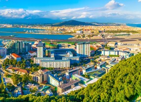 aerial view of gibraltar its airport la linea de la concepcion town in spain and algeciras bay