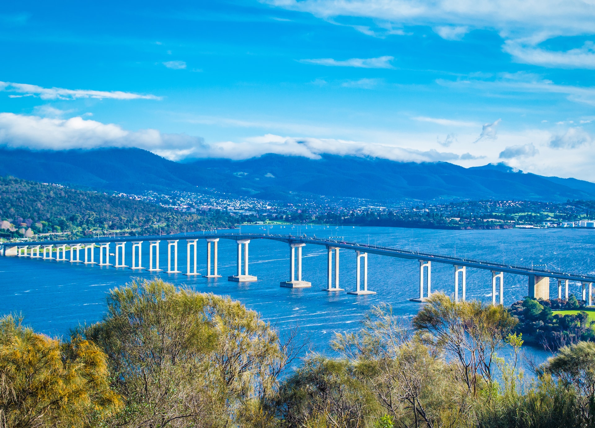 tasmania bridge hobart on blue sky