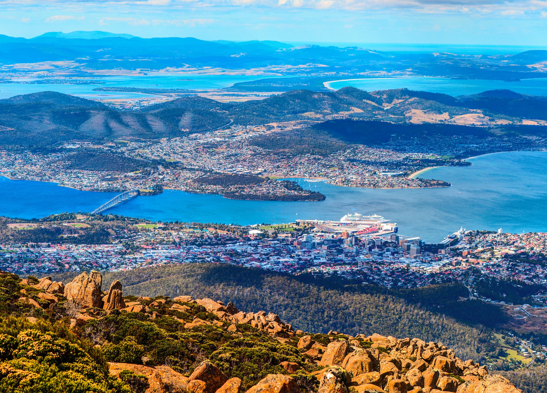 aerial panoramic view of hobart city and its vicinity from the mount wellington peak tasmanian