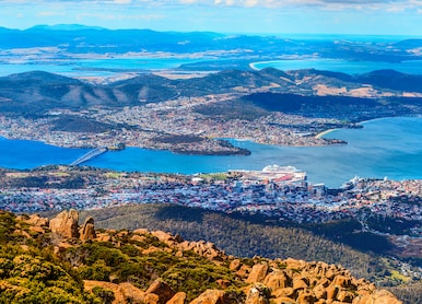 aerial panoramic view of hobart city and its vicinity from the mount wellington peak tasmanian
