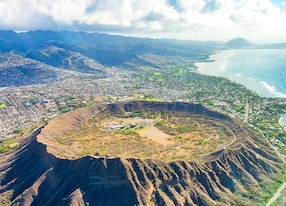 absolutely amazing aerial view on the hawaii island with a diamond head crater and honolulu city