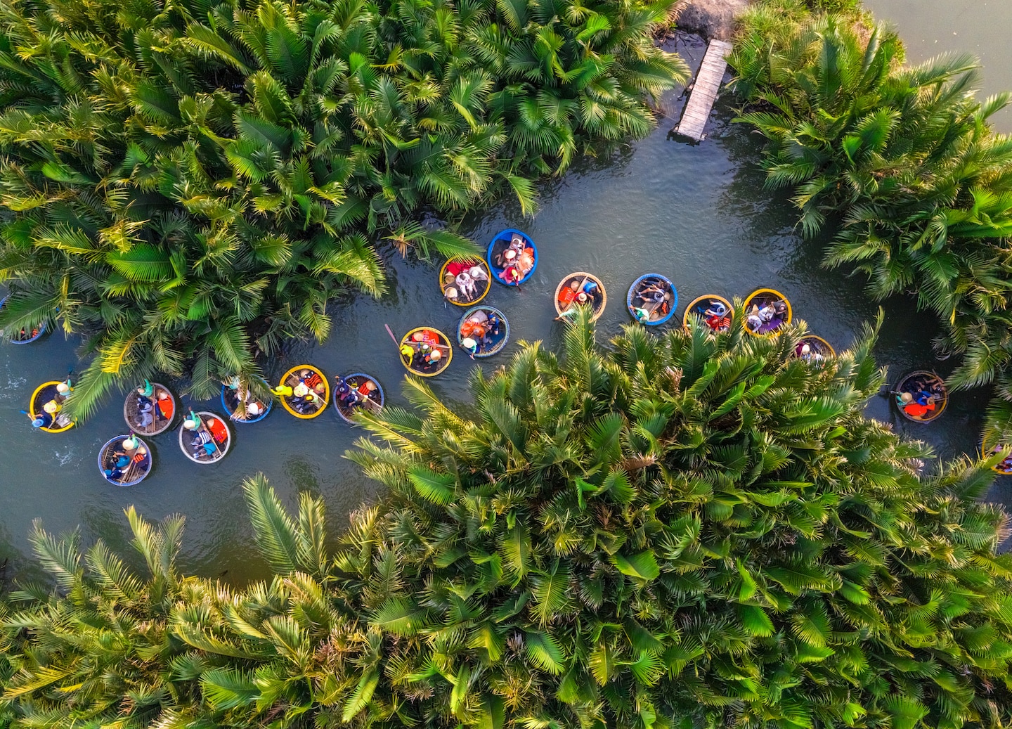 Tourists glide through coconut palms in round basket boats. - Hue, Vietnam