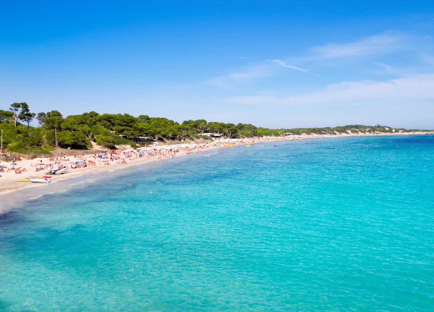 Ses Salines’ turquoise water stretches toward bright sand along Ibiza’s quiet Mediterranean shoreline. - Ibiza, Spain