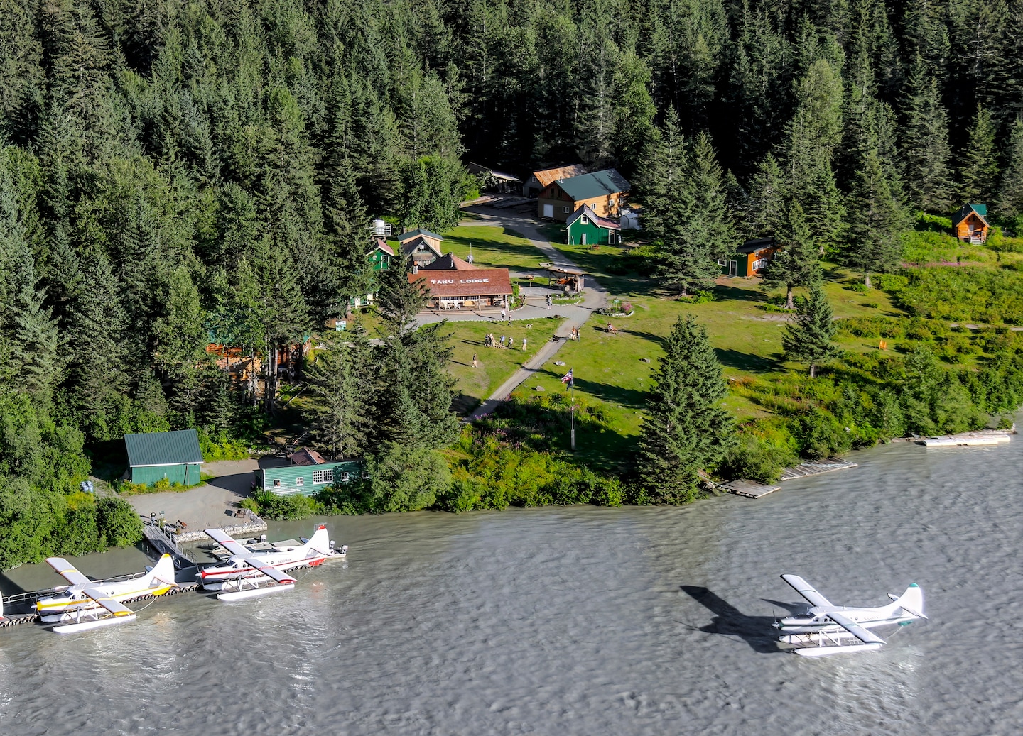 Seaplane circles Taku Lodge. - Juneau, Alaska