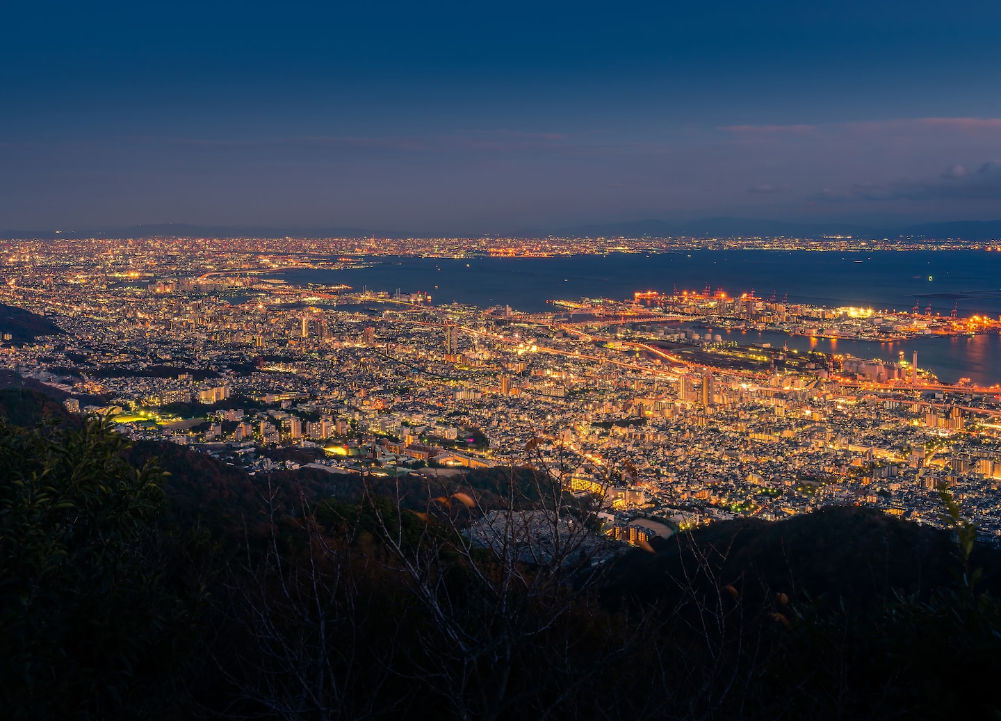 Kansai city lights glow beneath Mount Maya, creating a wide nighttime panorama of Kobe and beyond. - Kobe, Japan