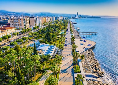 limassol cyprus the seafront of limassol molos bay panorama by drone hotels on limassol