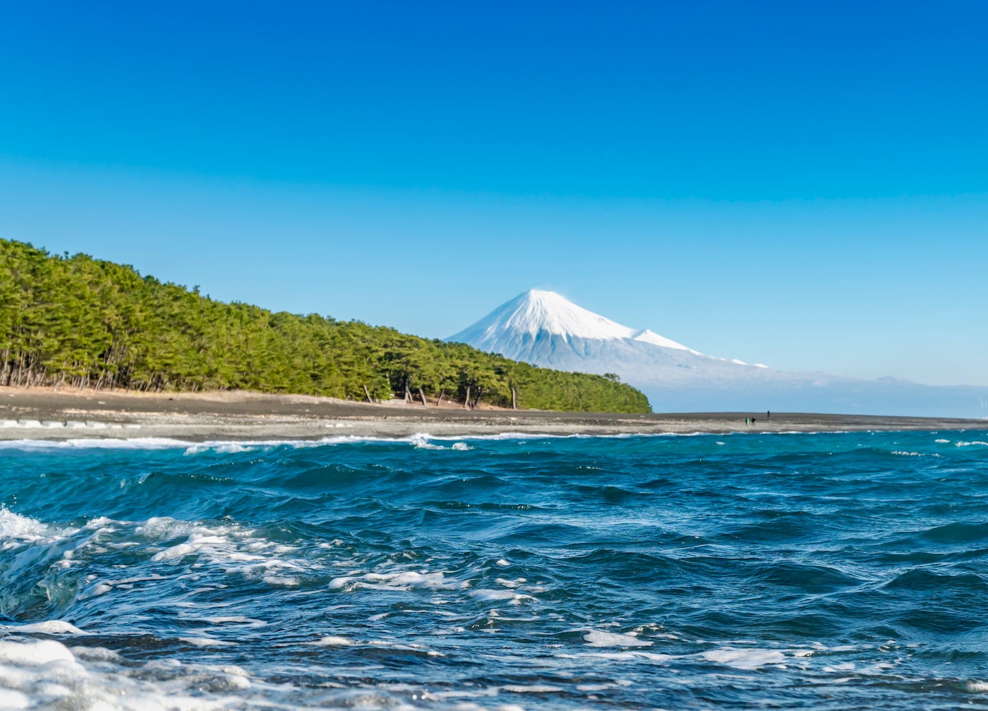 Pine‑lined shores frame Miho no Matsubara as Mount Fuji rises in the distance. - Mt. Fuji, Japan